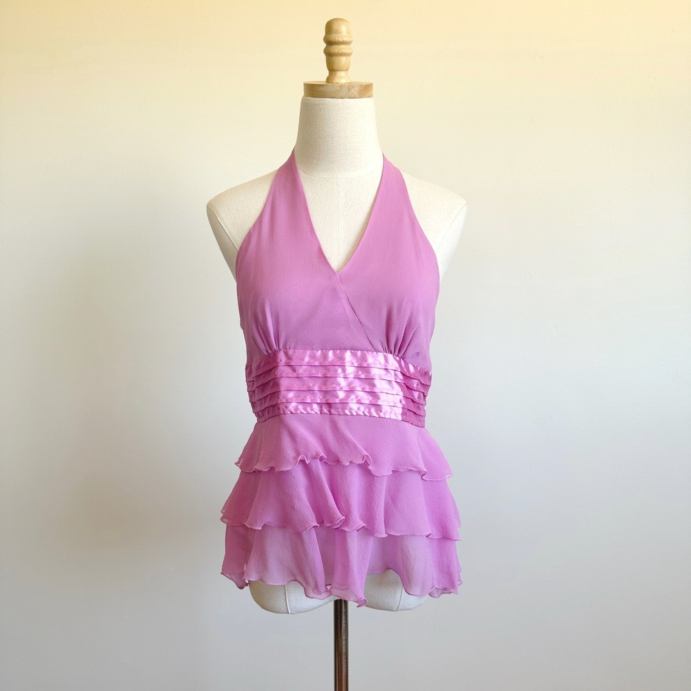 VTG Y2K Carol Little Pink 100% Silk Halter‎ Top Tiered Chiffon Medium Fairy Boho